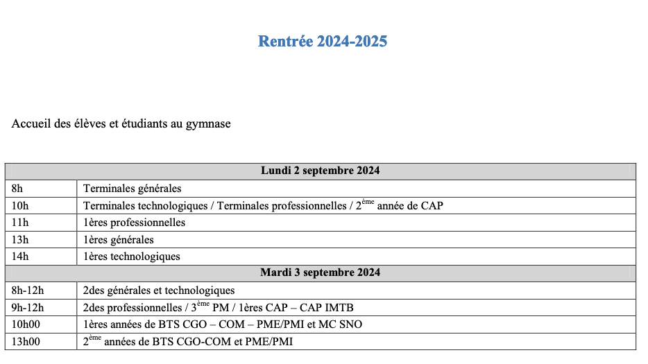 Planning rentrée 2024-2025